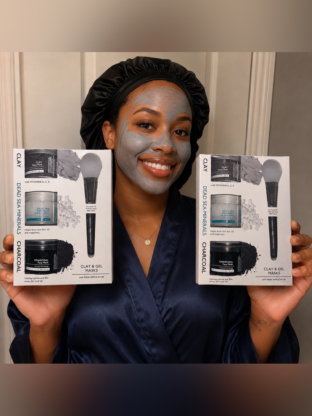 2 Charcoal Clay & Gel Mask Set - Gray Mask & Black Applicator